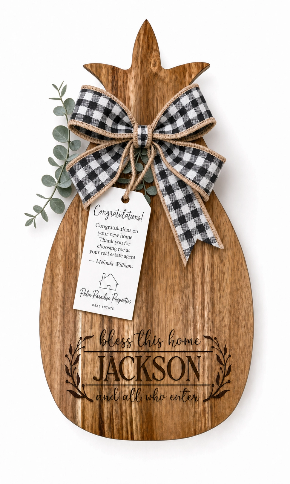 Personalized Pineapple Acacia Wood Serving Board | Real Estate Closing Gift
