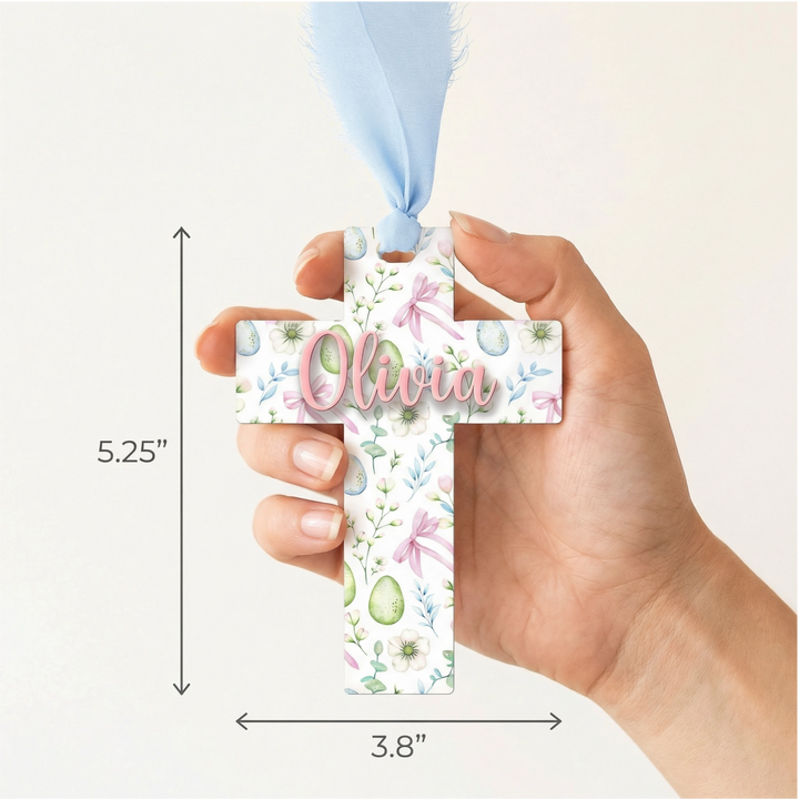 Personalized Easter Cross Basket Tag | Custom Acrylic Christian Name Tag with Chiffon Ribbon