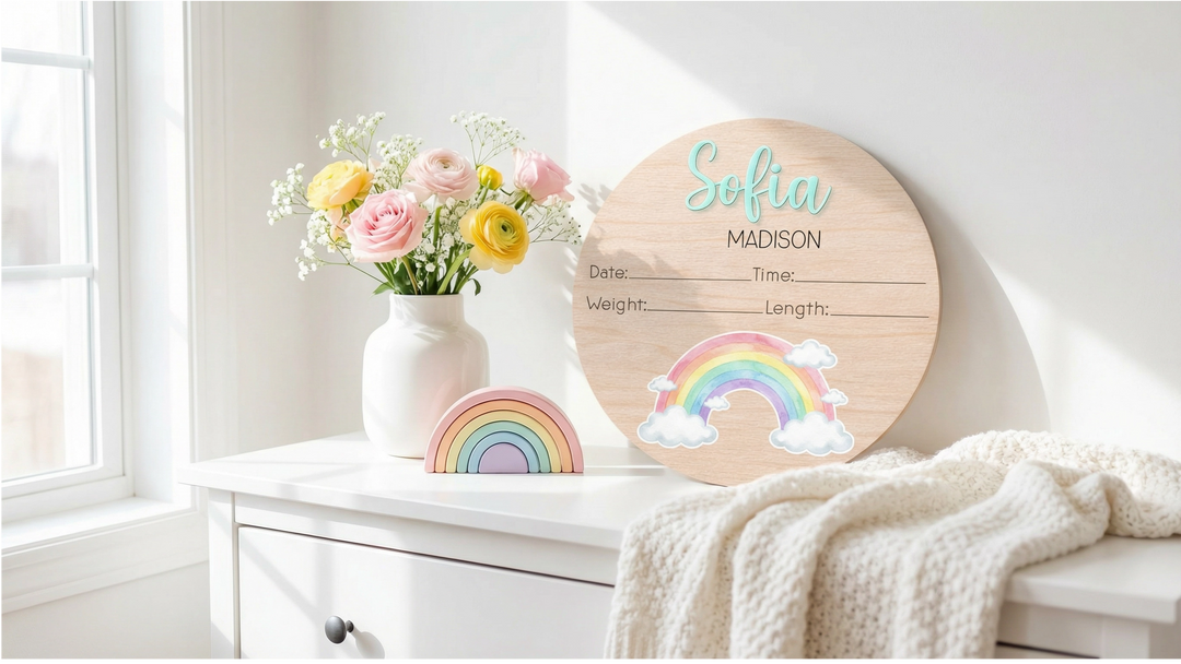 Personalized Rainbow Baby Stats Sign | Wooden Birth Details Announcement Plaque