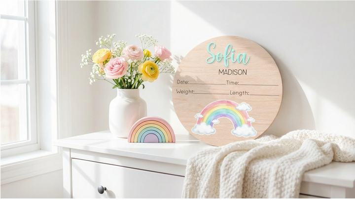 Personalized Rainbow Baby Stats Sign | Wooden Birth Details Announcement Plaque