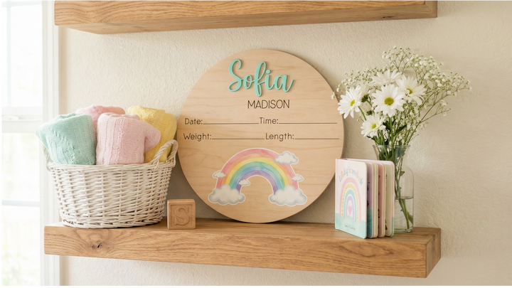 Personalized Rainbow Baby Stats Sign | Wooden Birth Details Announcement Plaque
