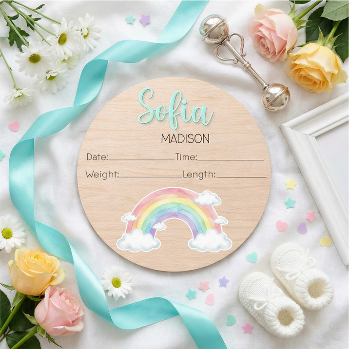 Personalized Rainbow Baby Stats Sign | Wooden Birth Details Announcement Plaque