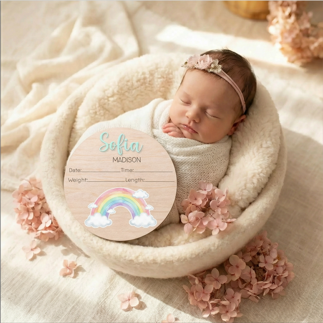 Personalized Rainbow Baby Stats Sign | Wooden Birth Details Announcement Plaque