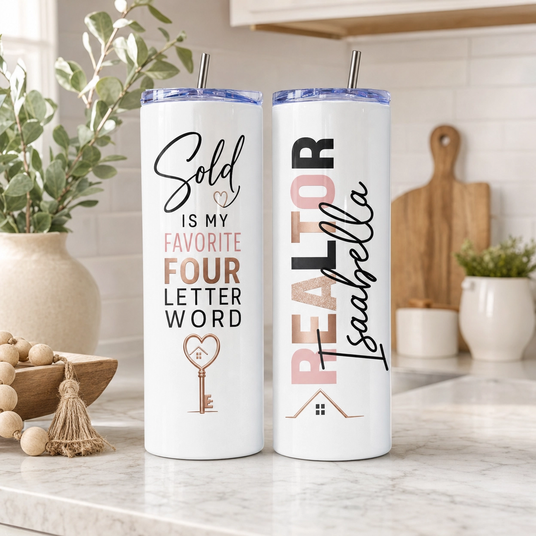 Personalized Real Estate Agent 20 Oz Skinny Tumbler | Pink & Gold