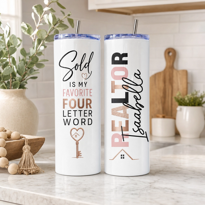 Personalized Real Estate Agent 20 Oz Skinny Tumbler | Pink & Gold