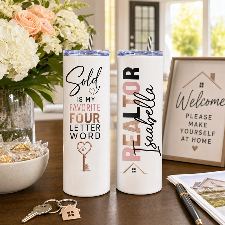 Personalized Real Estate Agent 20 Oz Skinny Tumbler | Pink & Gold