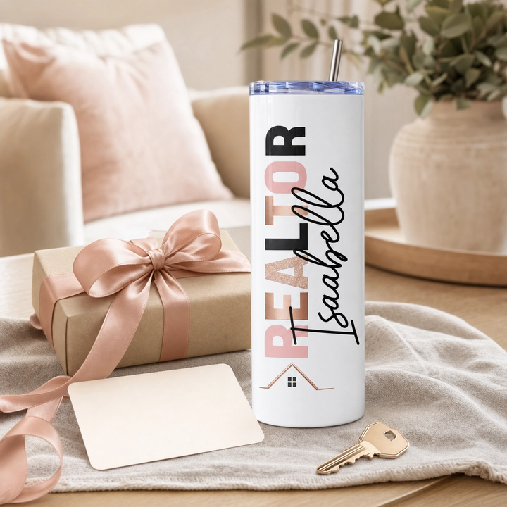 Personalized Real Estate Agent 20 Oz Skinny Tumbler | Pink & Gold