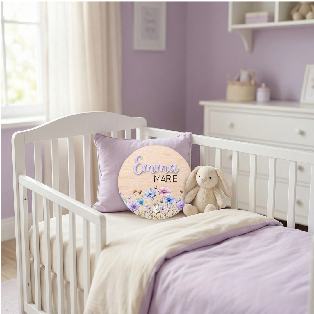 Personalized Wildflower Wooden Birth Announcement Sign with Raised Acrylic Name