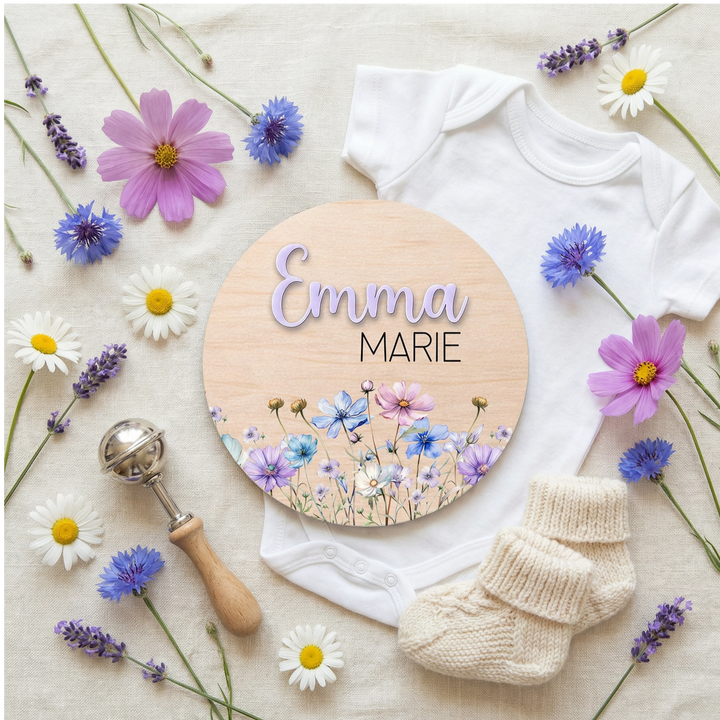 Personalized Wildflower Wooden Birth Announcement Sign with Raised Acrylic Name
