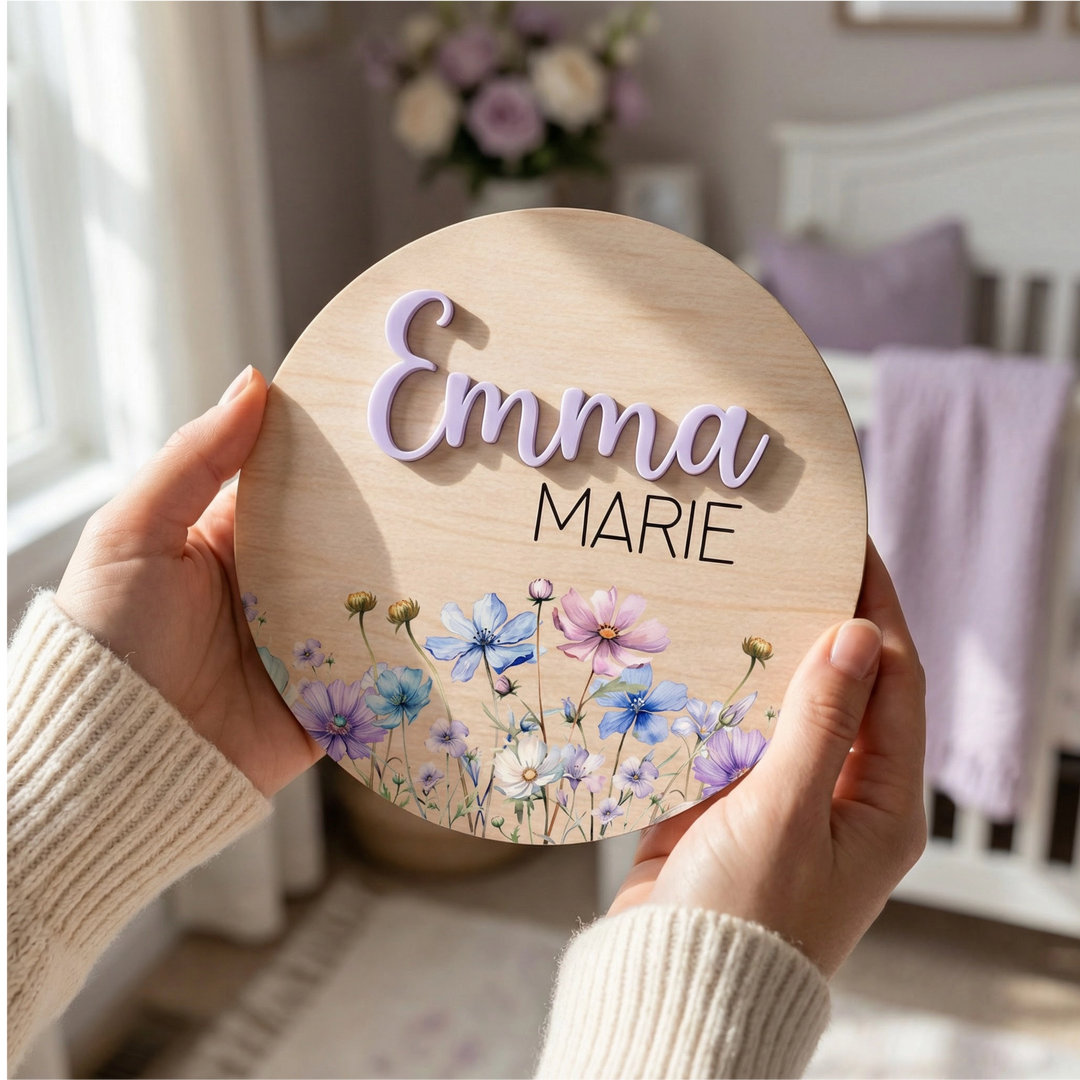 Personalized Wildflower Wooden Birth Announcement Sign with Raised Acrylic Name