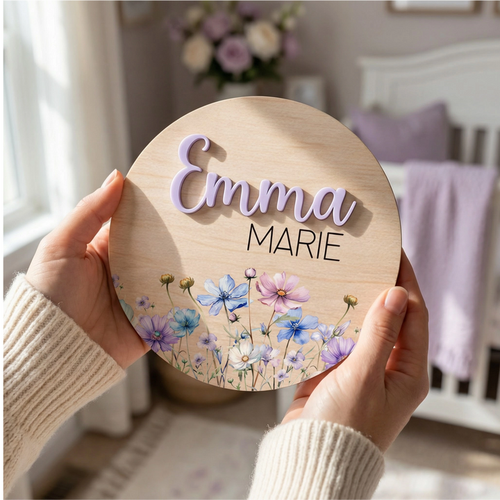 Personalized Wildflower Wooden Birth Announcement Sign with Raised Acrylic Name