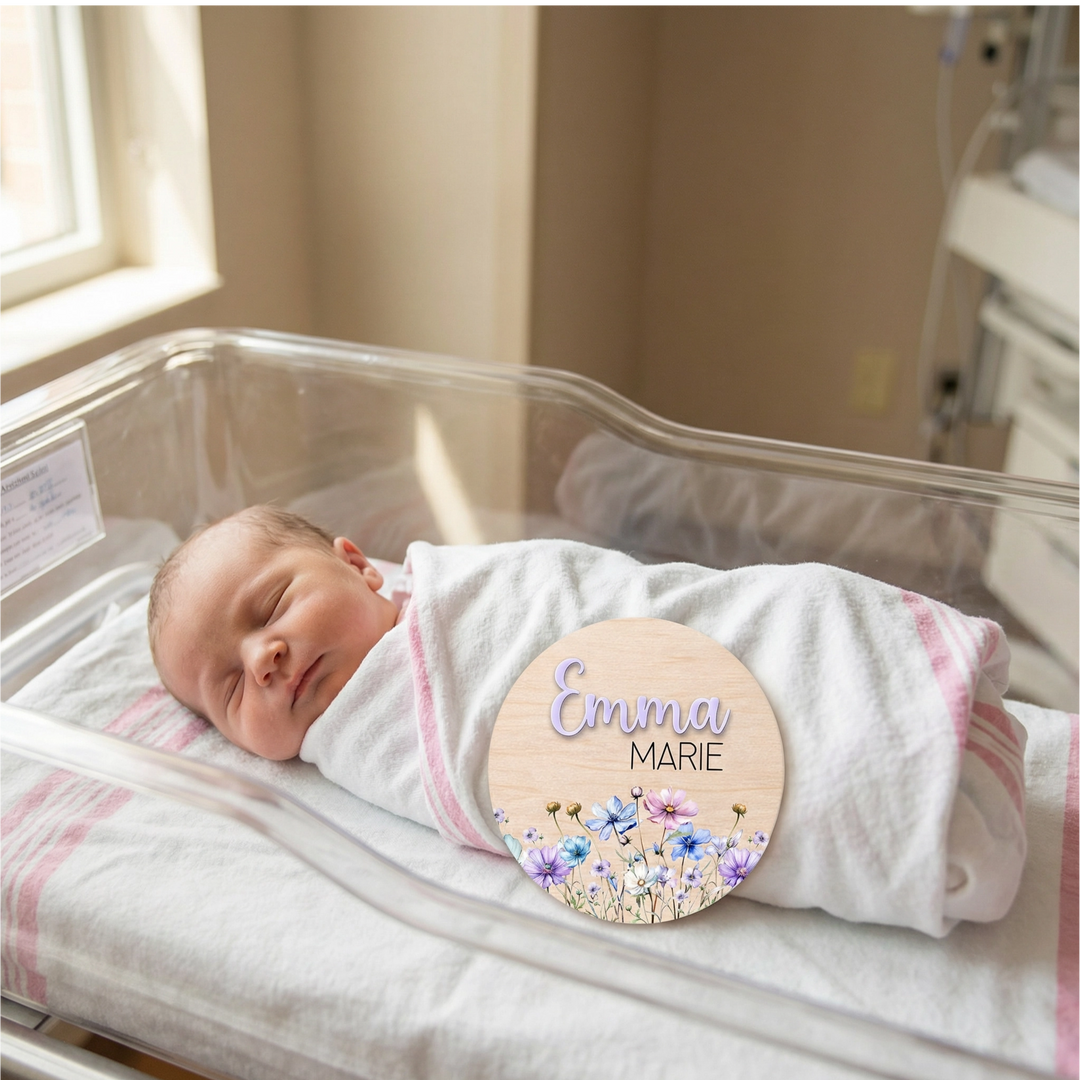 Personalized Wildflower Wooden Birth Announcement Sign with Raised Acrylic Name
